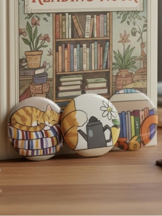 Handmade Jewelry - Cozy Cat & Books Button Set Upcycled Bookmark Pins 1.25in